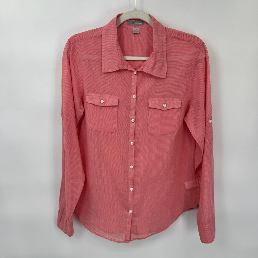 Horny Toad Airbrush Button Front Shirt Womens Medium Pink Organic Cotton Hiking